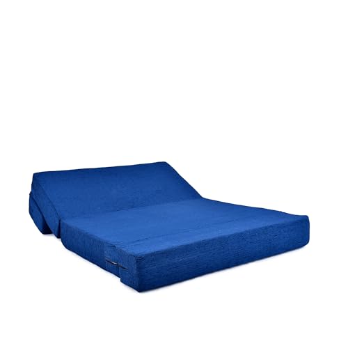 Image of Foldable Two Seater Sofa Bed 4X6 Ft Jute Fabric Washable Cover Convertible Sofa Bed for Home & Office, Guest Room (Finish Color Blue - Pre-Assembled)