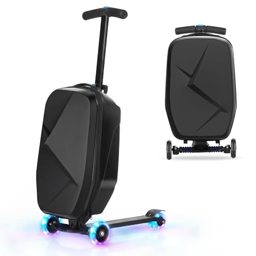 Suitcase Scooter Ride on Suitcase for Kids 2in1 Hardside Scooter Luggage for Children&Adults Toddler Flight Essential Multifunctional Foldable&Lightweight Carry On Luggage with Wheels (Black)