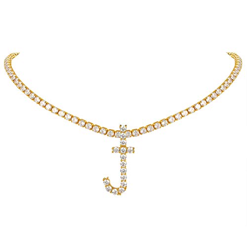 FindChic Bling Fully CZ Tennis Chain Initial Necklace for Women 16'' Butterfly Choker 18K Gold Plated Simulated Diamond Cubic Zirconia Letter Necklace