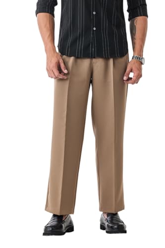 Image of SNITCH Men Casual Trousers | Relaxed Fit with Turned-Up Cuffs & Solid Pattern | Cotton Blend Fabric with Medium Stretch for Summer & Everyday Wear