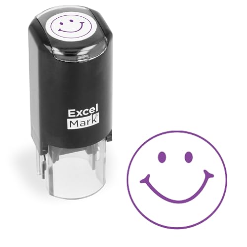 ExcelMark Smiley FACE - Self-Inking Round Teacher Stamp - Purple Ink
