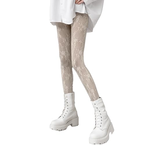 Vxcbad Weiße Blumenranken-Lolita-Strumpfhose Blumenranken-Weiß, ausgeschnittene Spitzennetz-Tights, Musterstrumpfhose für Damen, Coquette Strumpfhose, Netzfutter