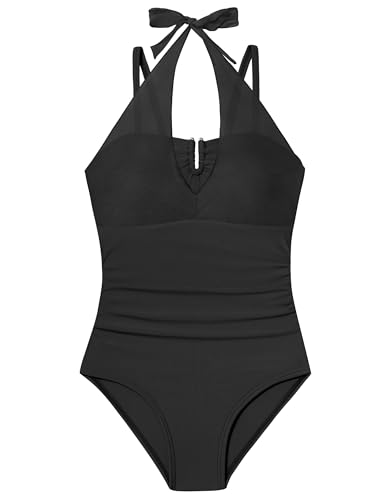 Image of Girls Swimsuit Halter One Piece Swimsuits Solid Ruched Bathing Suit for Girls Quick Dry Summer Beach Swimwear 11-18Y