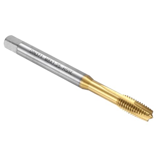 uxcell Spiral Point Plug Threading Tap M8 x 1.25 Thread, Ground Threads H2, M35 High Speed Steel Cobalt, Titanium Nitride Coating, Metric Screw Taps Tapping Bit for Thread