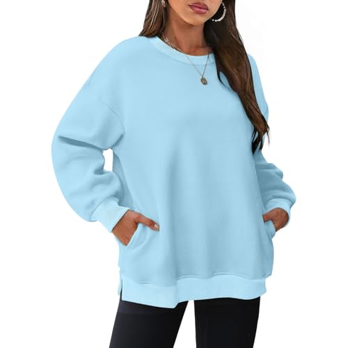 Womens Cozy Oversized Sweatshirts Crewneck Long Sleeve Tops Fleece Pullover 2025 Spring Fashion Clothes with Pocket A01 Blue Large