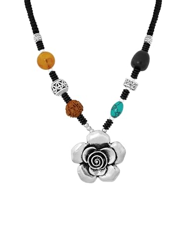 MINACHI Retro Ethnic Style Camellia Pendant Rope Braided Necklace with Colorful Beads, Best Gift for Women - Main Image