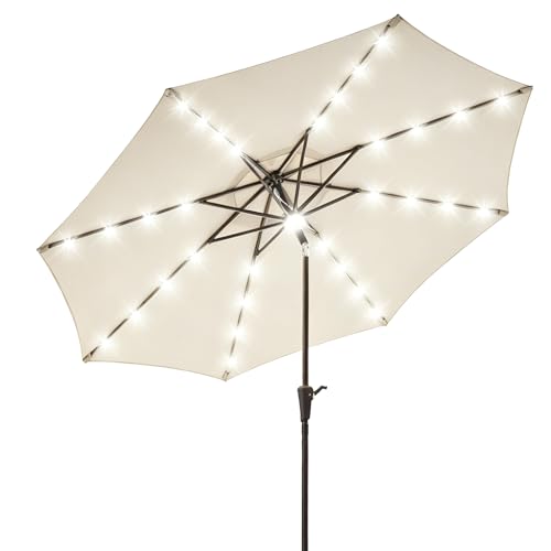 HELIORUSH Sonnenschirm 300 cm mit LED Solar Beleuchtung 8 Robuste Rippen Marktschirm mit 30 Knickbar & Doppelnaht-Verstärkung UPF 50+ Großer Gartenschirm für Terrasse Balkon Pool Beige HPU103W