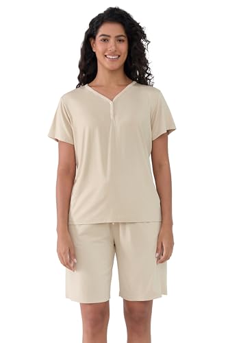 Image of Joyaria Cooling Pajamas Bamboo Viscose PJs Bermuda Shorts Set Women Henley Neck Summer Moisture Wicking Sleepwear