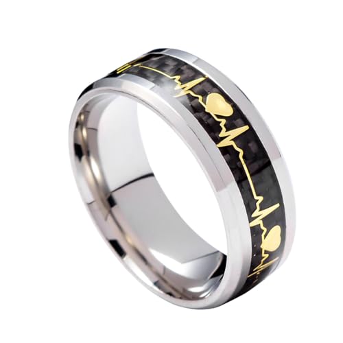 PAMTIER Women Stainless Steel Ring 8mm Heartbeat Wedding Band Fibre Carbone Hand in Hand Promise Cool Simple Ring