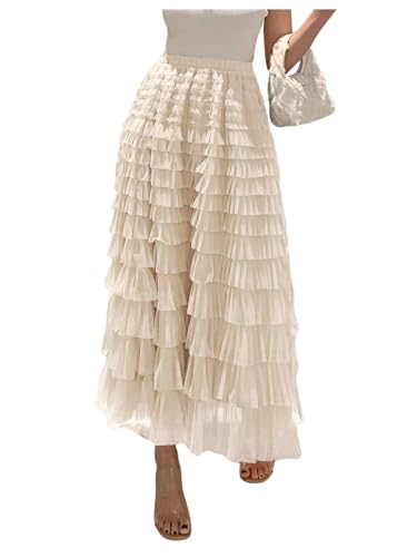 SHENHE Women's Tiered Mesh Tulle Skirt High Waisted A Line Flowy Layered Mid Tutu Skirt