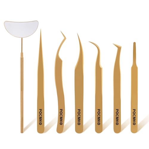 Lash Tweezers for Eyelash Extensions Professional Eyelash Tweezer Set Lash Extension Tweezer Kit (Set of 7 Gold)