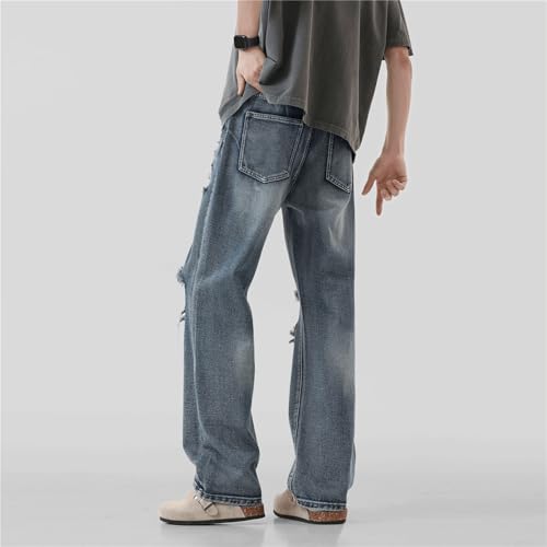 Men’s Baggy Ripped Jeans Distressed Wide Leg Denim Pants with Drawstring Waist Destroyed Holes Streetwear Style3