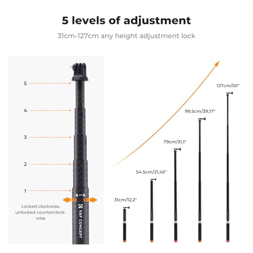 Image of K&F CONCEPT Carbon Fiber Invisible Selfie Stick, （127cm /50in） Extension Long Pole Compatible with Insta360 X5 X4 X3 ONE X2 Ace, Ace Pro, Ace Pro 2, GO 3 /3S, GO Ultra, DJI Osmo 360 Action Cameras | Compatible with Insta360 X5 /X4 /X3 ONE X2 Ace Pro 2, Luna Ultra, DJI Osmo Action 3-6 Osmo 360,Go Pro Hero 8-13 Balck Camera
