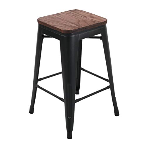Haobo Home 24" Backless Metal Counter Stool Height Bar Stools [Set Of 4], Barstools With Wooden Seat, Matte Black #TOP6