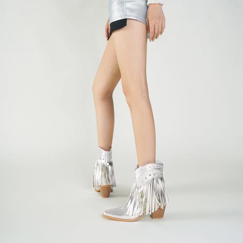 Image of Women's Western Ankle Booties Pointed Toe Cowgirl Boots with Fringe Tassels or Sparkly Rhinestone Fashion Short Boots for Casual Daily Wear