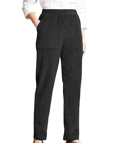 Corduroy Casual Straight Pants Women Elastic Waist Loose Comfy Cotton Trousers Winter Fashion Ankle Cropped Bottoms Black