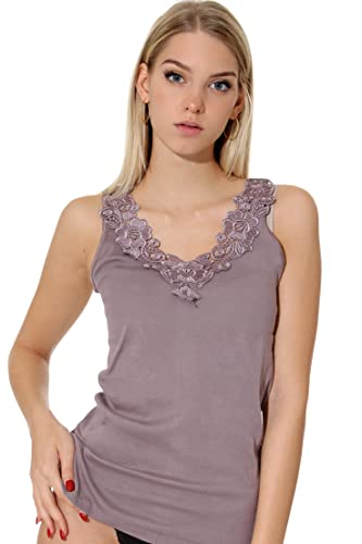 Damen Shirt, Unterhemd Gekämmte Baumwolle mit extra großer Spitze Ohne Seitennaht (52/54, Taupe)