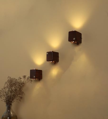 Image of Green House Handmade Sheesham Wood Wall Light Lamp | 2 Way Light - UP /Down | 3W+3W Warm White LED | Modern Wooden Wall Sconce for Living Room, Bedroom, Staircase, Hallway Decor | Square - Pack of 1