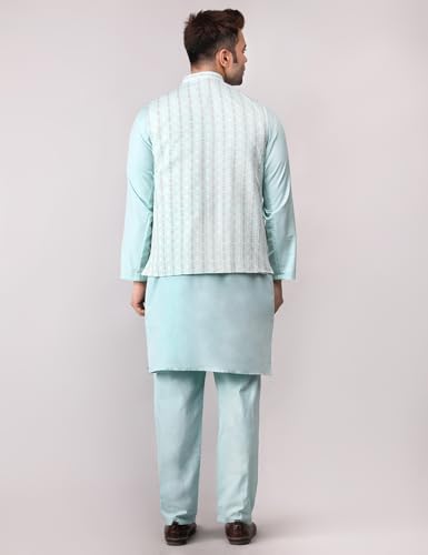 Image of Men's Cotton Silk Blend Regular Kurta Pyjama, Embroidered Nehru Jacket /Waistcoat Set