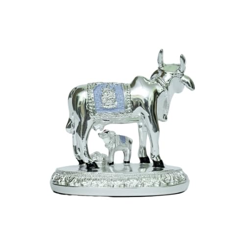 Image of Oval Base Silver Cow with Calf Small | Silver Plated Kamadhenu Idol for Pooja, Vastu, Festival, Diwali,Mandir Decor & Auspicious Gift | Hindu God for Temple | Size 8.5 cm x 5 cm x 5.5 cm