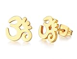 Unisex Buddha Namaste Ohm Om Aum Sanskrit Symbol Stud Earrings Stainless Steel Hindu Yoga Ear Plugs,Gold Plated
