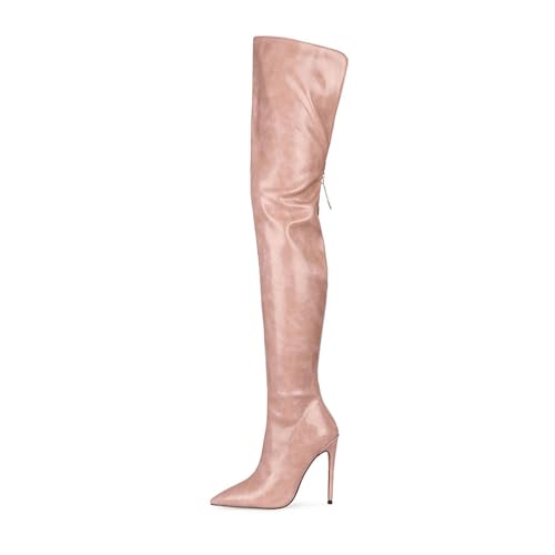 Image of Thigh high boots for women striped Back zipper Burgundy Zebra Print Over the knee Sexy gold white pointed toe Cow Print leopard Magenta stiletto heel