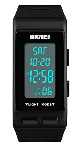 REGINALD Men's LED Digital Watch Rectangular Watch Backlight Waterproof Alarm Clock Black Rubber Watch (Black)