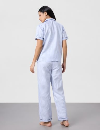 Image of Symbol Premium Women's Cotton Night Suit Set | Short Sleeve Shirt & Pajama Set | Stripes with Contrast Piping | Regular Fit (Available in Plus Sizes)