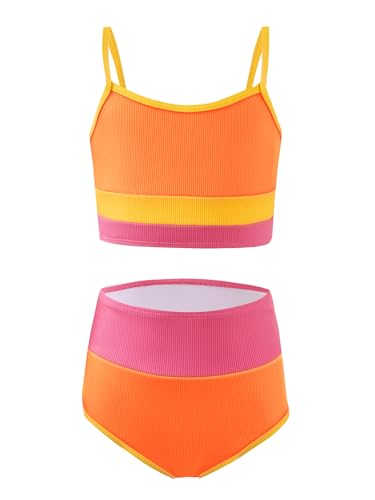 Haloumoning Girls Swimsuits Bikini Set Adjustable Straps Two Piece Color Block Girls' Swimwear with Chest Pad 5-14 Years