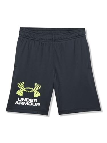 Under Armour Boys Tech Logo Shorts, (004) Black/White/High Vis Yellow, Small Plus
