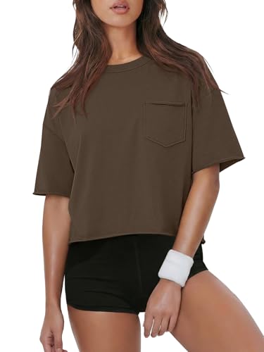 Image of ATHMILE Womens Crop Tops Workout Shirts Gym Oversized Spring Summer Basic Tees Short Sleeve Casual Loose Drop Shoulder 2026