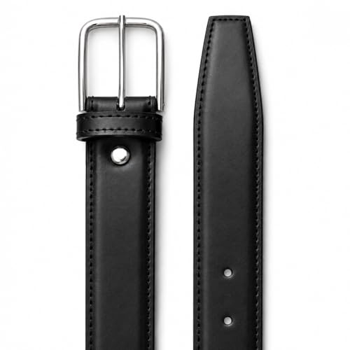 Image of Men's Leather Belt, Black, Silver-Tone Buckle, Stitched Edges, Formal Dress Style