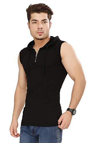 Image of Men's Solid Half Zipper Hooded Sleeveless T-Shirt