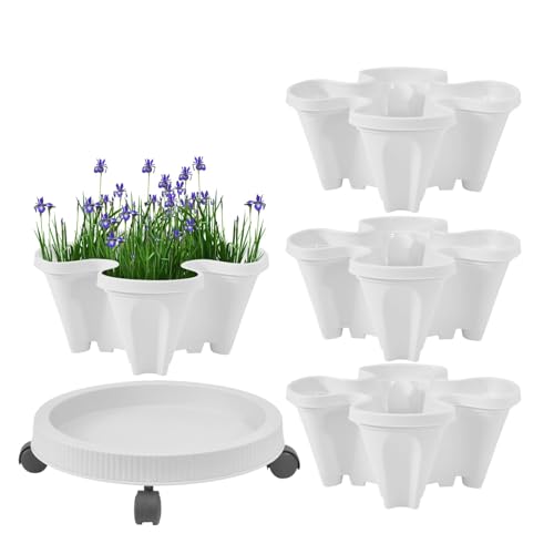 Torre vertical de jardín – Maceta de 2 niveles con centro de abono | Macetas apilables para fresas, flores y hierbas | Macetas con ruedas con bandeja extraíble | 4 macetas y 1 bandeja