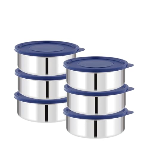 Image of ATTRO Prime Stainless Steel Single Wall Storage Containers Airtight & Leak Proof Containers for Office Use, School, Picnic, 250ml - Blue-Set Of 6