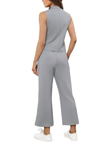 Image of SAMPEEL Two Piece Sets for Women Summer Outfits Lounge Sets Mock Neck Tops Wide Leg Crop Pants Vacation Travel Outfits