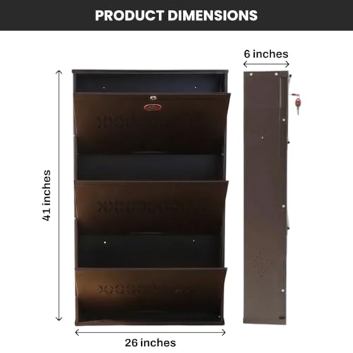 Image of Skywave Luxury Wall Mounted Metal Shoe Rack for Home - 3 Shelf, Holds Up to 25 Pairs | Central Locking Shoe Cabinet | Space Saving | Heavy Duty Steel | 3 Year Warranty (Coffee Brown, 26 Inches)