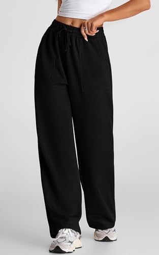Image of Q - RIOUS Women's Wide Leg High Waisted Baggy Lounge Sweat Pants Drawstring Athletic Flared Joggers with Pockets