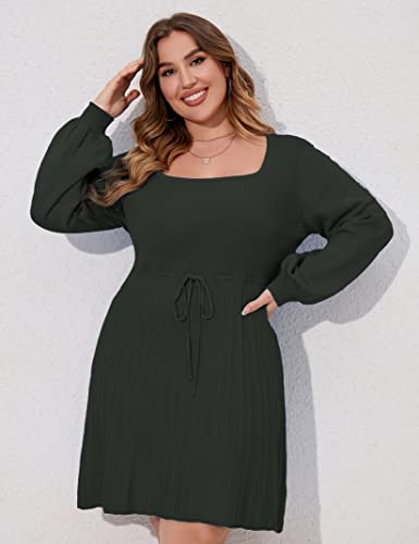 Image of Women's Plus Size Casual Sweater Dress Square Neck Long Lantern Sleeve Tie Waist Loose Pullover Sweater Dresses