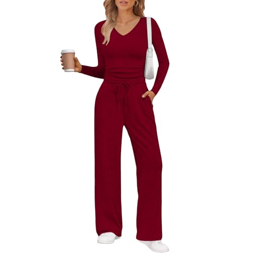 Cowyens Zweiteiler Damen Herbst Lounge Set Slim Fit Jogginganzug Trainingsanzug Cozy Hausanzug Loungewear Y2K Outfit Langarmshirt und Kordelzug Weites Bein Lang Hosen Set