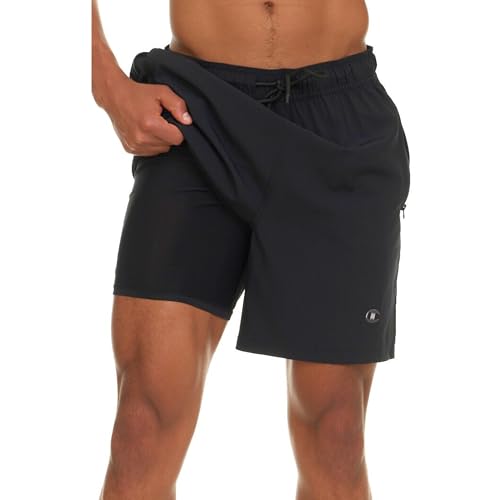 Champion Men's 7" Swim Trunks – Black Board Shorts with Compression Liner