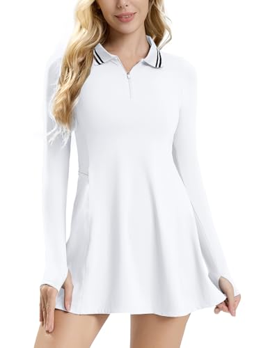 ECUPPER Womens Long Sleeve Tennis Dress Workout Athletic Golf Dresses Polo Outfits with Shorts & Thumbholes