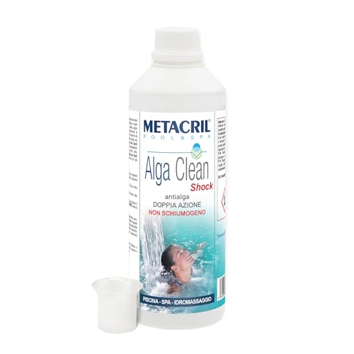 Metacril Alga Clean Shock + Bicchierino Dosatore Graduato, Elimina le Alghe, Non Schiumogeno, Azzurrante e Schiarente, per Piscina e Spa Idromassaggio -1L