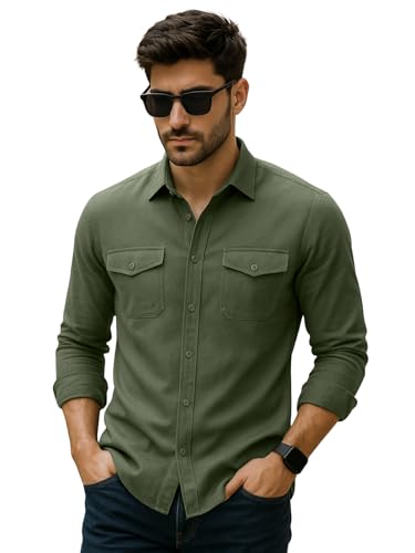 Image of Veirdo Men's Pure Cotton Utility Shirt | Full Sleeve Casual Button-Down with Dual Chest Pockets | Stylish & Comfortable Everyday Wear | Colors: Beige, Black, Maroon, Olive, Rust & White