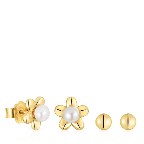 TOUS Pack de Pendientes para Mujer con Baño de Oro 18 Kt sobre Plata de Primera Ley Motivo Flor y Perlas Cultivadas, Colección Virtual Garden