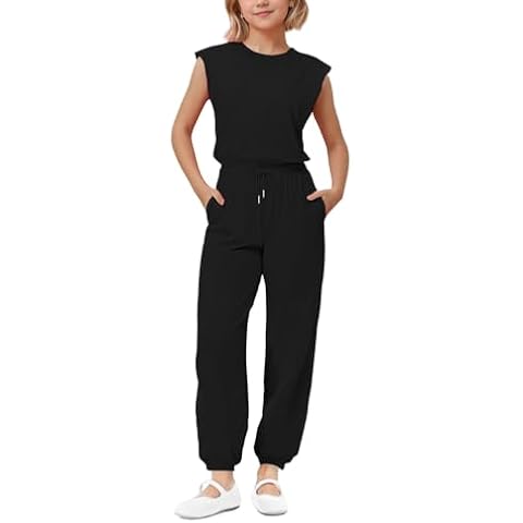 UK loees Girls Casual Jumpsuit Kids Fashion Crew Neck Elastic Waist Loose Rompers Long Pants with Pockets Cover