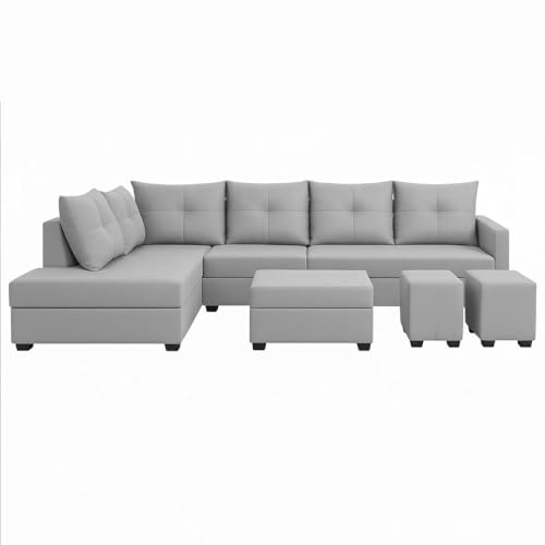 Image of SOCOZI Oriana 8 Seater LHS L Shape Sofa Set | Velvet Suede Fabric L Shape Sofa for Livingroom with 2 Ottoman & Centre Table (Light Grey)