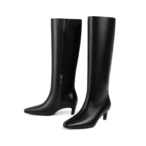 Image of Modatope Knee High Boots Women Square Toe Kitten Heel Tall Boots | Womens Low Heel Fashion Heeled Fall Boots, Dressy Tall Long Boots For Women