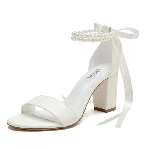 Image of Pearl Wedding Shoes Open Toe Block Heel Wedding Sandals Chunky Heel Bridal Shoes