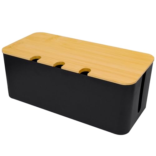 Fahibin Grande Boîte de Rangement de Câbles Noire, Boîte de Gestion de Cordon avec Bois Couvercle, pour Protection de Câble et Prise Multiprise Electrique 32 * 13.6 * 12.7cm Noir